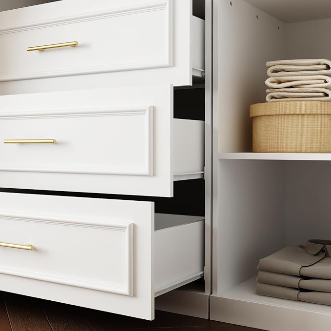 FUFU&GAGA Wardrobe Closet Collection with Doors, Modern White Bedroom Armoire System with Gold Handles, Modern Clothes Storage Cabinet with Drawers, Shelves, Hanging Rods, 79.1”W x 19.3”D x 74.8”H