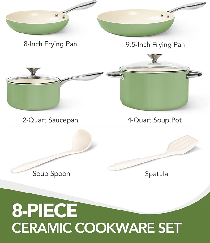 MICHELANGELO Pots and Pans Set Non Stick 8 Piece Ceramic Cookware Set Green | PFAS-Free Green Ceramic Nonstick Cookware Set for Eggs, Fish, Vegetables, Low-Oil Cooking and Induction Ready, Easy Cleanup