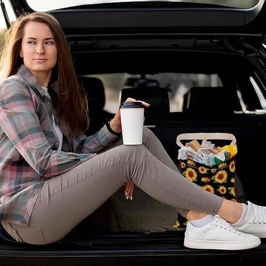 2PCS Daisy Sunflower Print Car Trash Bag Portable Waterproof Hanging Garbage Bag with Snap Buttons Back Seat Reusable Rubbish Storage Dustbin for Car Interior Accessories Kitchen Home Travel