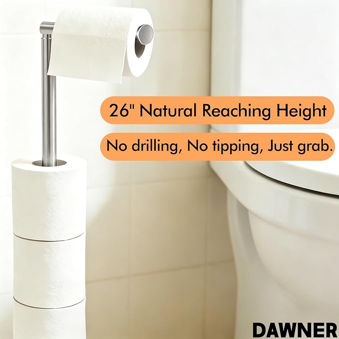 DAWNER 26" Heavy Duty Toilet Paper Holder Stand, Free Standing Toilet Paper Holder, Brushed Nickel Bathroom Toilet Paper Roll Holder, Stainless Steel Tissue Holder for Bathroom, Anti-Tipping Base