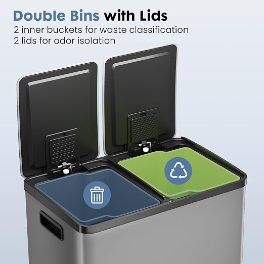 DUMOS Kitchen Double Trash Can, 2x8-Gallon Dual Trash Can with Lid, Stainless Steel Garbage Bin with 2 Removable Inner Buckets, Soft-Close Foot Pedal for Kitchen, Home, Office, Matte Gray