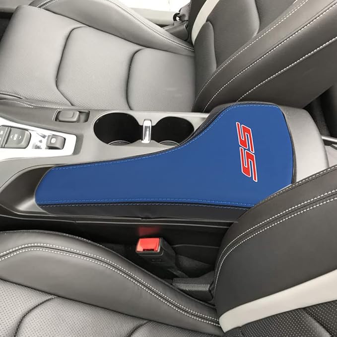 BOYOUS Armrest Cover Center Console Pad Full Protection Console Leather Arm Rest Interior Accessories Fit for Chevrolet Camaro 2016-2024-Blue+Black