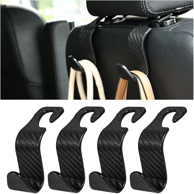 Car Back Seat Headrest Hooks, 4PCS Vehicle Backseat Storage Organizer Hanger, Multifunctional Auto Headrest Hidden Hook Universal for Handbag Purse Backpacks Bags(Carbon Fiber Black)