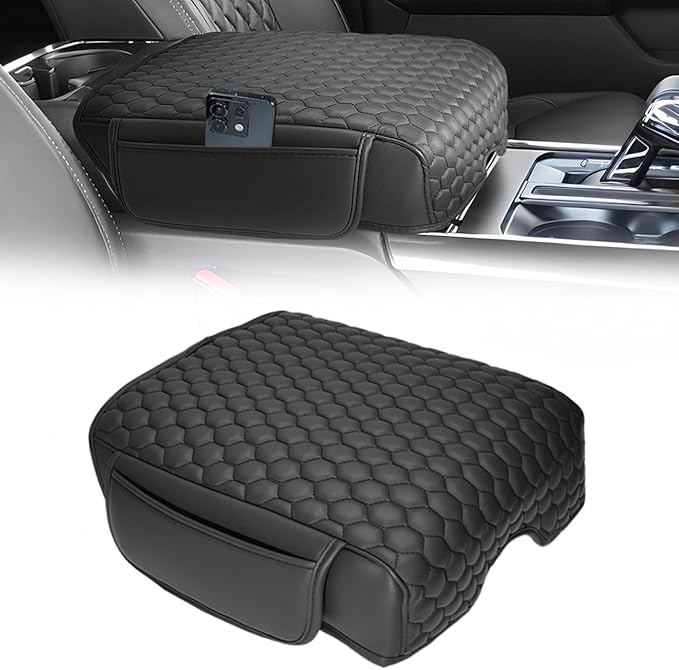 Center Console Cover Nappa Leather Armrest Cover Compatible with 2021-2024 2025 2026 F150 Bucket Seat Middle Console Cover with Two Side Pockets Center Console Cushion(Bucket Seat Only)