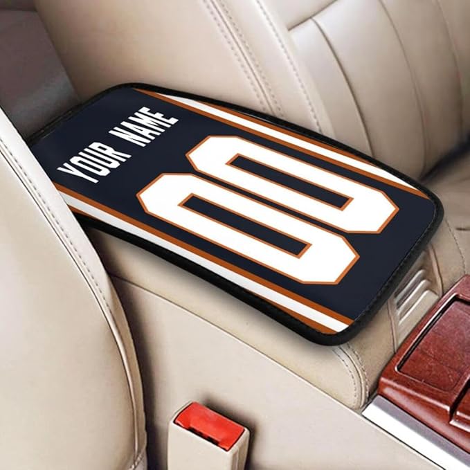 Custom Car Armrest Cover,Add Personalized Name and Number As Gifts for Loyal Football Fans,American Football Auto Center Console Pad Car handrail Box Cushion,Fit for Most Car Seat Box Cover Protector