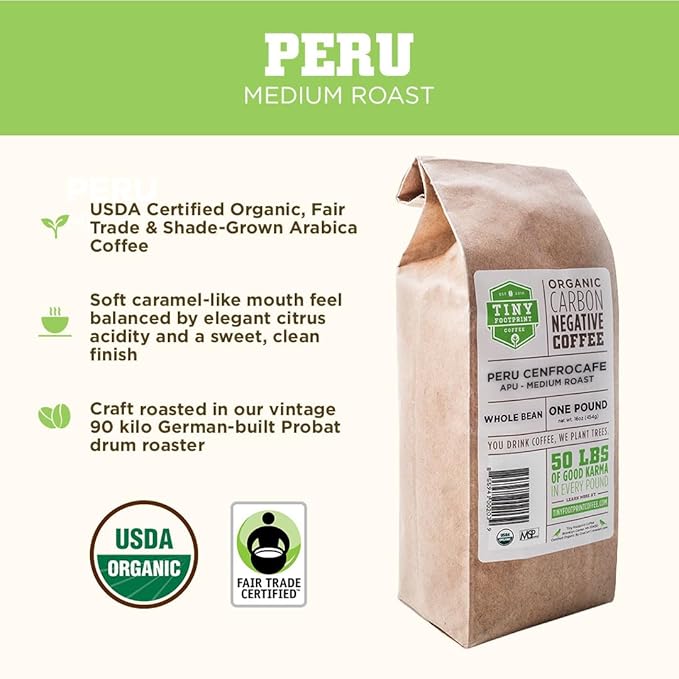 Tiny Footprint Coffee - Fair Trade Organic Peru APU Medium Roast - Whole Bean Coffee, USDA Organic & Carbon Negative - You Drink Coffee, We Plant Trees, 16 Ounce,9849109