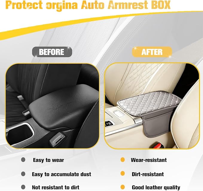 Car Center Console Cover, Leather Vehicle Armrest Storage Box Protector with 2 Storage Bags, Automotive Interior Middle Console Cushion Pad, Universal for SUV Sedan Truck (Gray)
