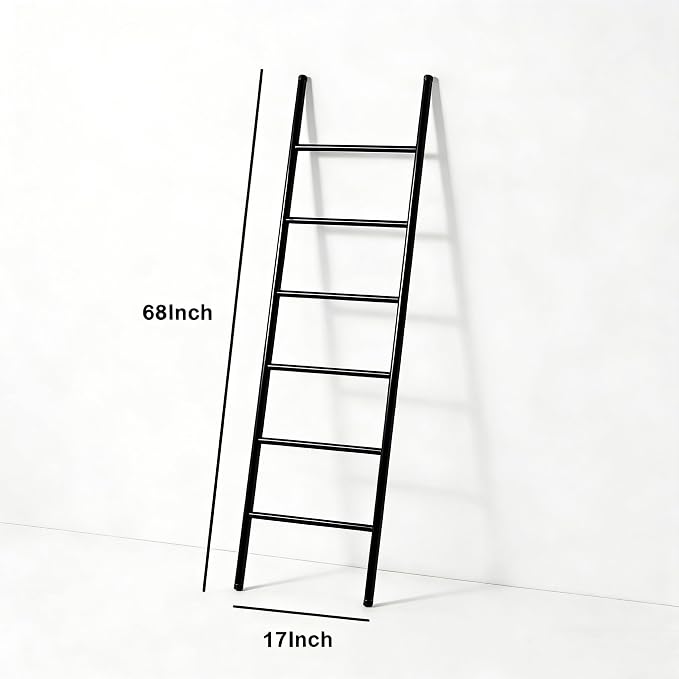 6-Tier Blanket Ladder 68 Inch Wall-Leaning Towel Rack for Living Room and Bedroom, Easy Assembly - Black