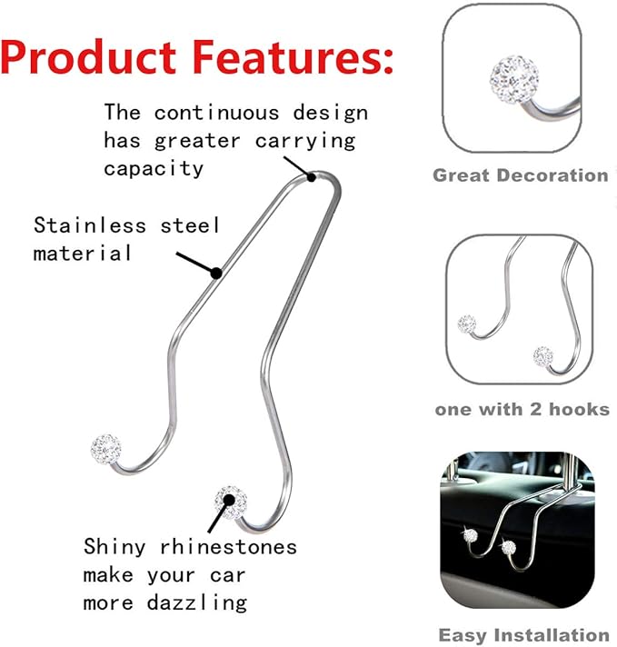 Bling Car Seat Hooks, Rhinestone Universal Organizer Hooks Car Headrest Hangers Hooks, Bag Organizers Rack and Hanger, Strong and Durable Auto Backseat Storage Hooks (A-White)