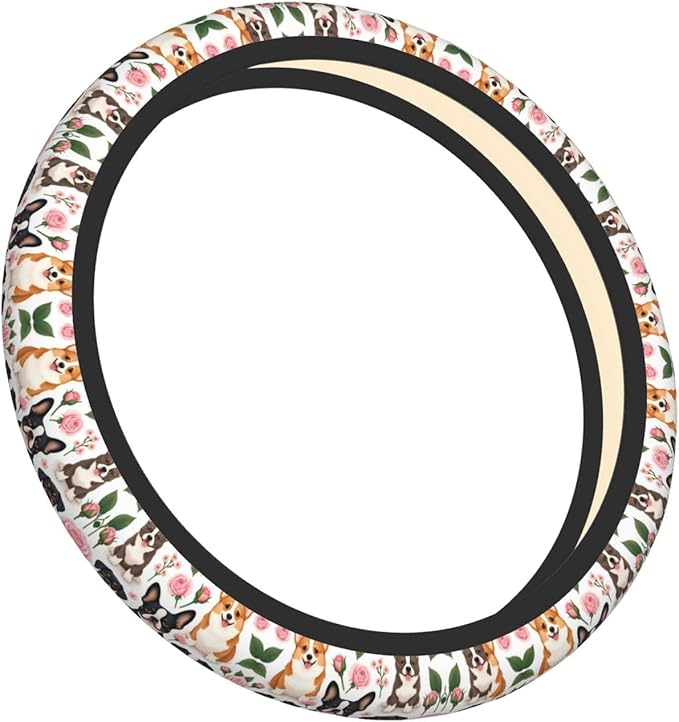 Cute Dogs Neoprene Steering Wheel Covers Women Men Car Accessories, Universal 15 Inch Fit Auto, Suvs, Truck