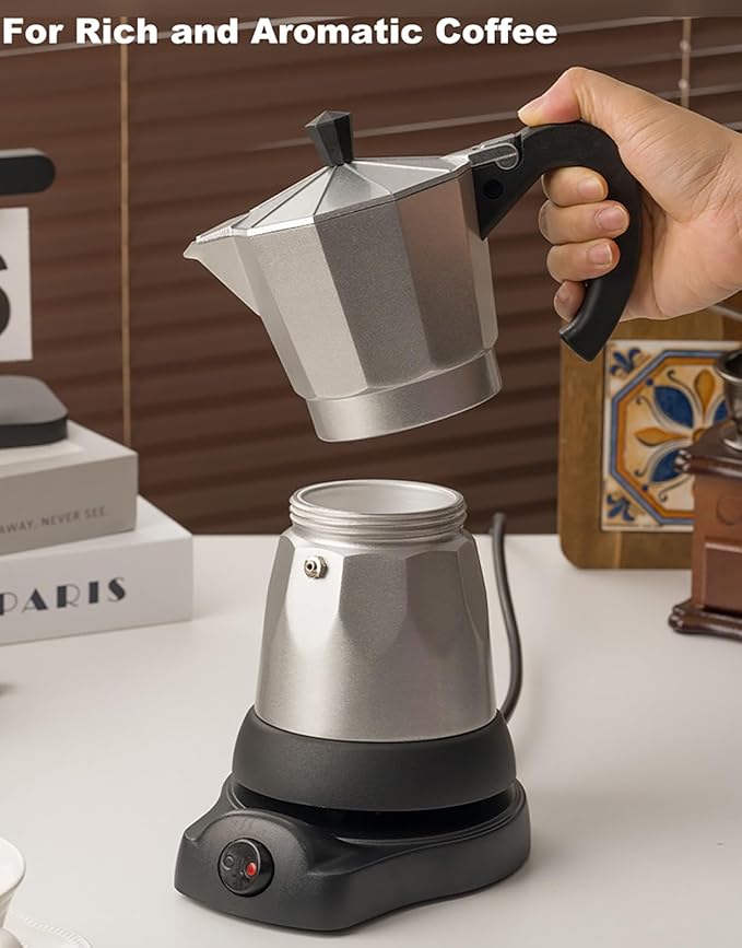 Electric Moka Pot, Aluminum Espresso Coffee Pot, 6 Cup Italian Coffee Maker with Detachable Base, Portable Electric Coffee Maker for Home & Travel
