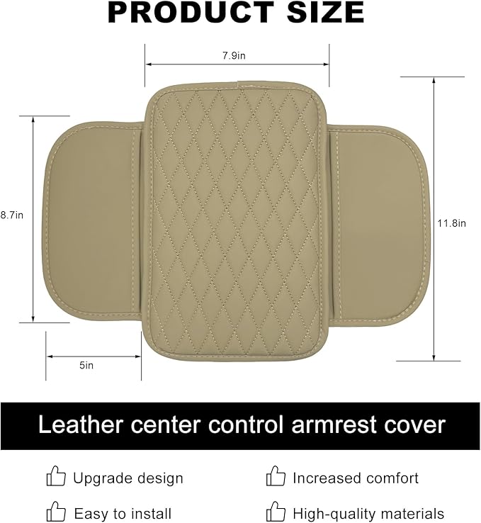 Car Center Console Cover, Waterproof Leather Arm Rest Cushion Pad with 2 Storage Bags, Anti-Scratch Armrest Seat Box Protector Interior Accessories for Most Vehicles (Beige)