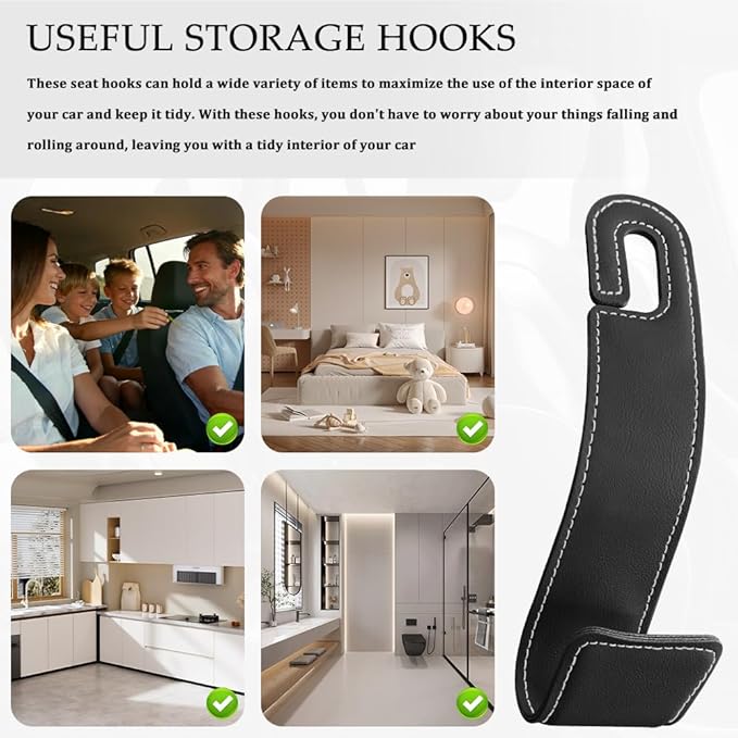 2PCS Purse Holder for Car, Purse Hook for Car, Leather Headrest Hooks for Automotive Back Seat, Auto Accessories Back Seat Organizer Hook for Grocery Bag Handbag Coat (Black, 2PCS)