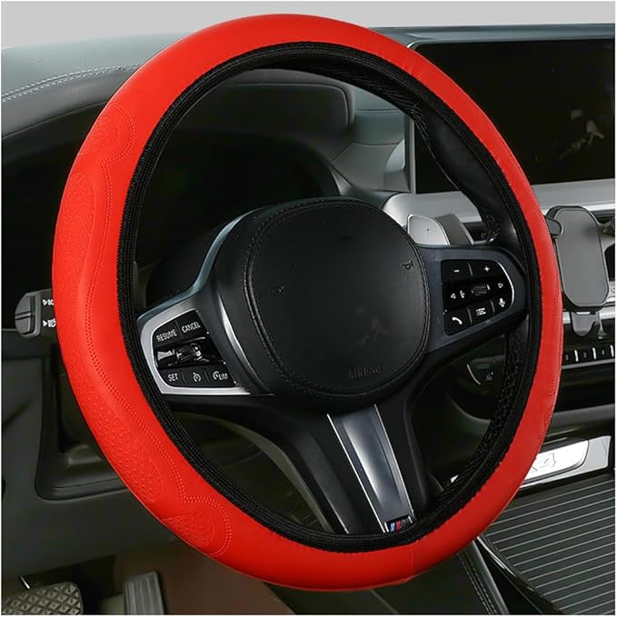 Car Steering Wheel Cover, 15 Inch Leather Soft Elastic Stretch Anti Slip Auto Steering Wheel Wrap Guard, Breathable Vehicle Interior Accessories, Universal for SUV RV Truck (Red)