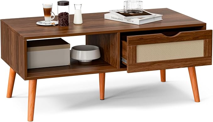 ZttRiee Coffee Table with Storage, Boho Dining Table with Rattan Drawer and Solid Wood Legs, Small Coffee Tables for Living Room, Walnut