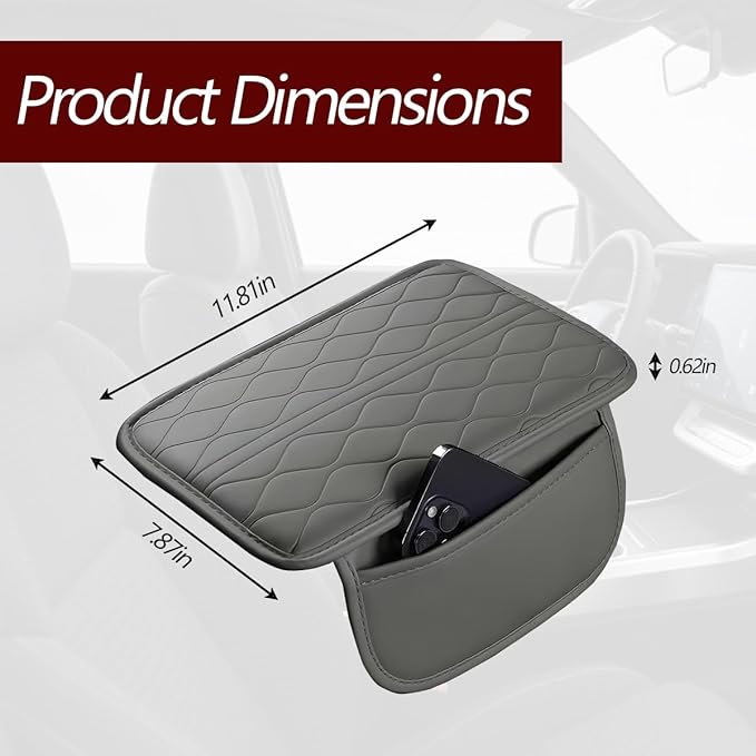 HZEL Car Center Console Cover, Scratch & Wear Resistant Soft Leather Vehicle Armrest Seat Box Cushion Pad with 2 Storage Bag, Waterproof Automotive Interior Protector, Universal Fit (Gray)