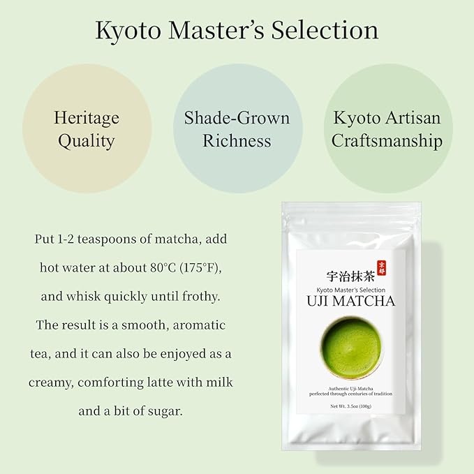 JEAU CHAU Premium Uji Matcha Powder from Kyoto, Japan (3.5oz/100g. 50 servings per bag) Vivid Green Ceremonial Quality Taste, for Lattes & Baking