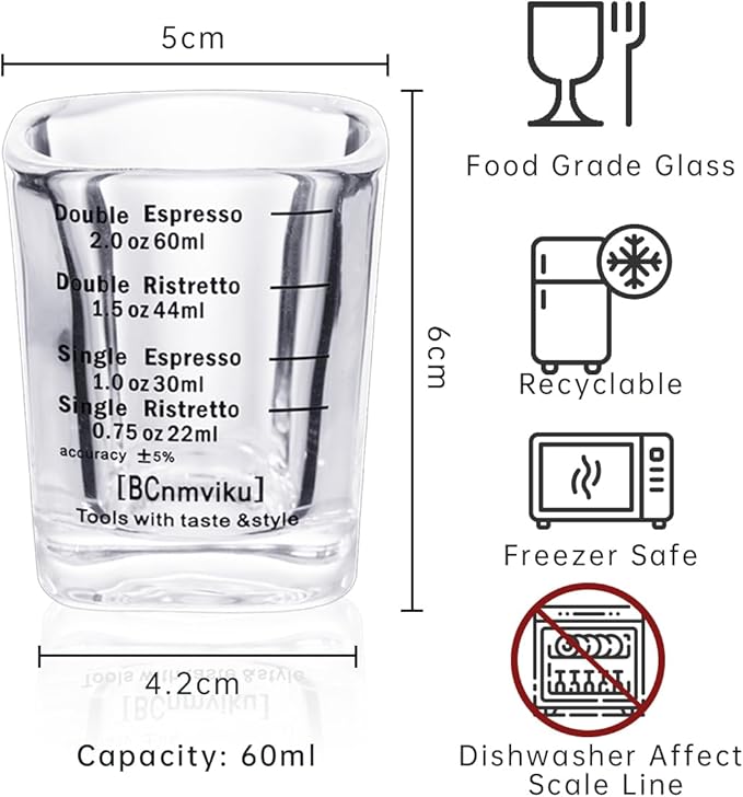 BCnmviku Espresso Shot Glasses Measuring Cup Liquid Heavy Glass for Baristas 2oz for Single Shot of Ristrettos (2 pack)