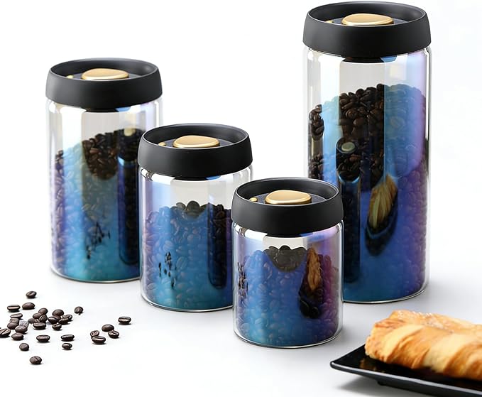 4Pcs Colorful Coffee Vacuum Container Jars, Food Coffee Bean Storage Containers with Lids Airtight, Manual Vacuum Extraction Sealed Tank (Colorful, 500+900+1200+1800, Milliliters)