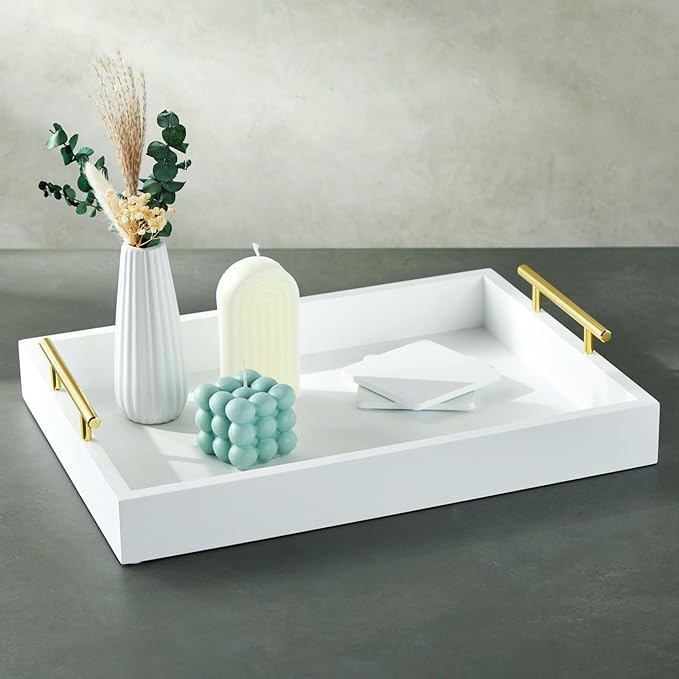 Juvale Ottoman Tray with Coasters & Interchangeable Gold & Silver Handles - 15.7" x 11.8" x 3.1" - White Rustic Wood Rectangular - Coffee Table Tray for Serving & Decorative Accents