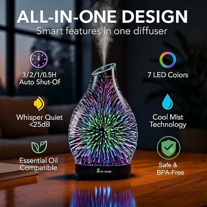 Essential Oil Diffuser & Essential Oils Set, Glass Aromatherapy Diffuser with 7 LED Colors, 6 Oils Gift Pack (Clean Home, Peppermint, Blossom Soapy, Soft Powder, Fresh Cotton, Fresh Linen)