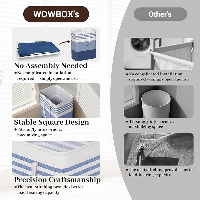 WOWBOX 2 Pack Laundry Baskets, Laundry Hampers, Freestanding Dirty Clothes Hampers with Reinforced Handles & Cross Stitch & Waterproof Coating, for Laundry Bedroom Bathroom Dorm,125L Blue