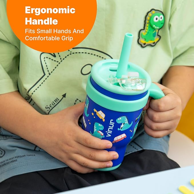 VINUR Kids Tumbler with Handle 14 oz Stainless Steel Double Wall Vacuum Insulated Tumbler with Lid and Straw, Leak Proof Water Cup for Travel (Dinosaur)