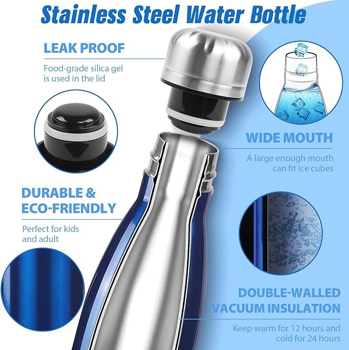 Sfee Insulated Water Bottle, 17 oz Stainless Steel Water Bottles, Double Wall Vacuum Reusable Water Bottles Leak Proof BPA-FREE Sports Bottle Cup Keep Hot&Cold for Running Gym Workout Cycling Kids
