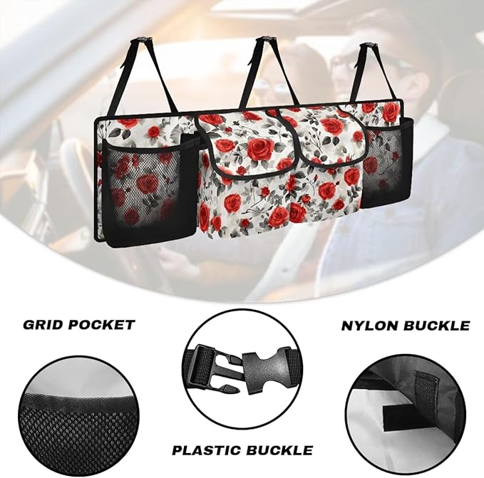 Car Trunk Organizer, Vintage Flower Car Organizers and Storage Backseat Car Organizer for SUV/Truck/MPV, Hanging Car Organization with 4 Pocekts, Frees Trunk Floor, Sturdy Space Saving Expert