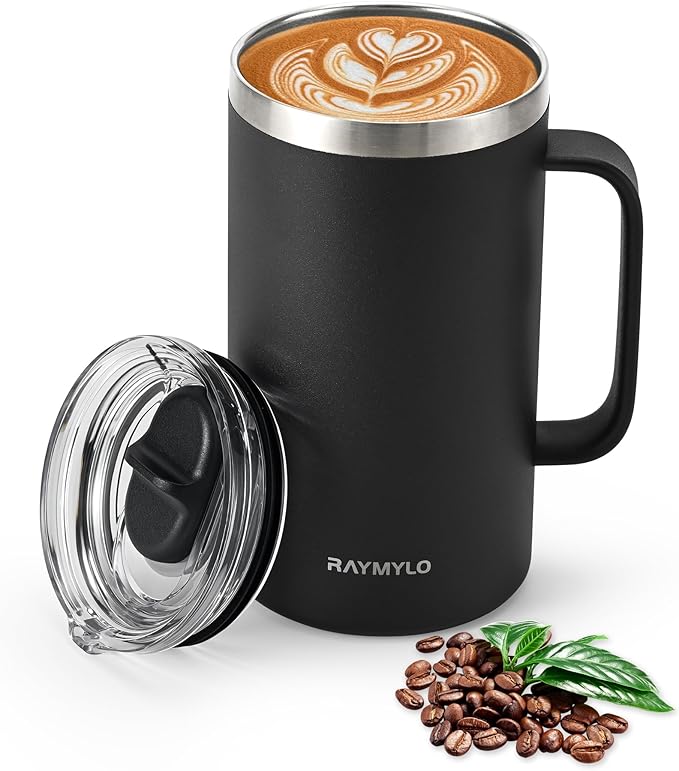 Insulated Coffee Mug 24 oz, Double Wall Stainless Steel Coffee Mug with Lids, Leak-Proof & Detachable Slider Lid for Thorough Clean, Keeps Coffee Cold for 9 Hrs, Suitable for Camp Home Office