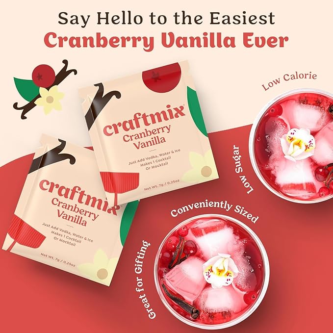 Craftmix Cranberry Vanilla Cocktail & Mocktail Drink Mixer, Skinny Mixes - Water Flavoring Packets - Made With Real Fruit - Vegan, Low-Carb, Low-Sugar, Non-GMO, Dairy Free, Gluten Free, 12 Pack