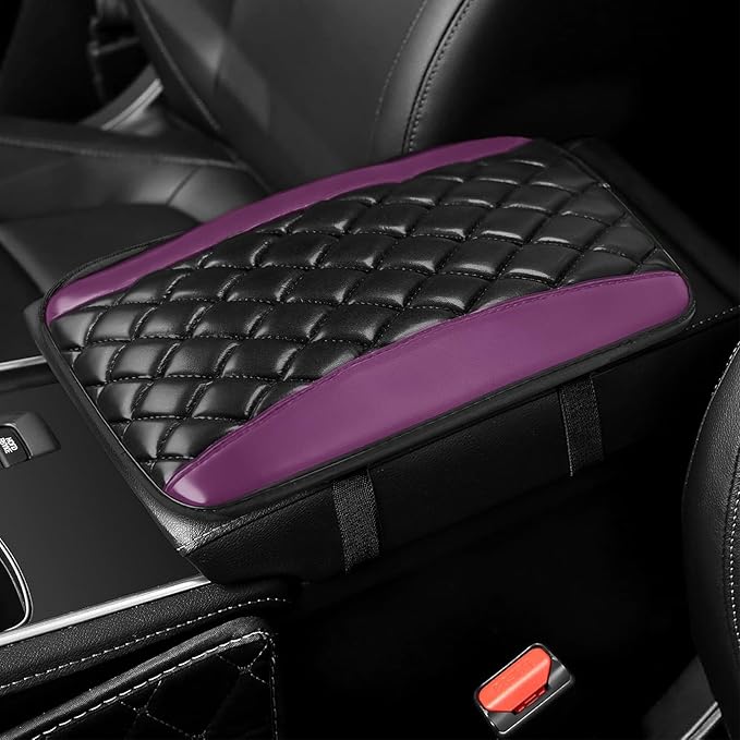 Car Center Console Cover, Leather Waterproof Armrest Seat Box Cushion Pad, Universal Decor Protector Mat, Comfortable Car Decor Accessories Fit for Most Cars, Vehicles, SUVs(Purple)
