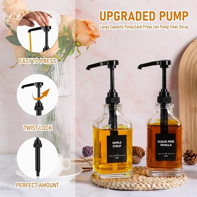 Alotpower 4-Pack 16oz Glass Coffee Syrup Dispenser Bottles, Empty Square Dispenser for Coffee Bar with 1/4oz Pump - Kit Includes 36 Labels & Marker
