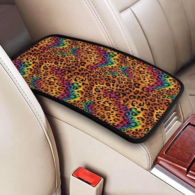 Center Console Cover Rainbow Leopard Armrest Box Cushion Pad Animal Cheetah Arm Rest Lid Covers SUV Sedans Truck Interior Accessories, Anti-Scratch Car Decor Protector, Brown