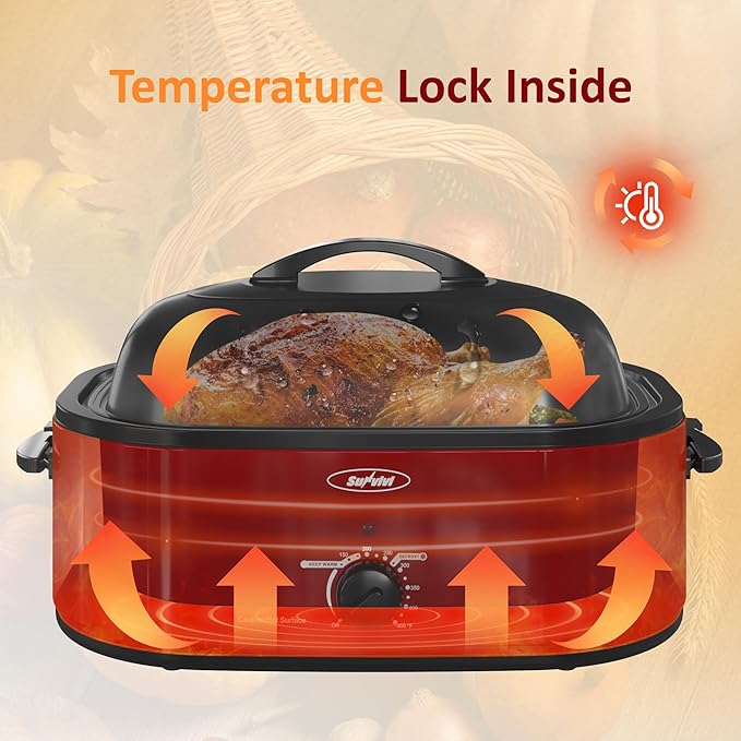 Sunvivi Electric Roaster,20 Quart Roasting Oven with Self-Basting Lid Removable Pan,Turkey Roaster Oven with 150 to 450F Temperature Control Cool-Touch Handles,Red