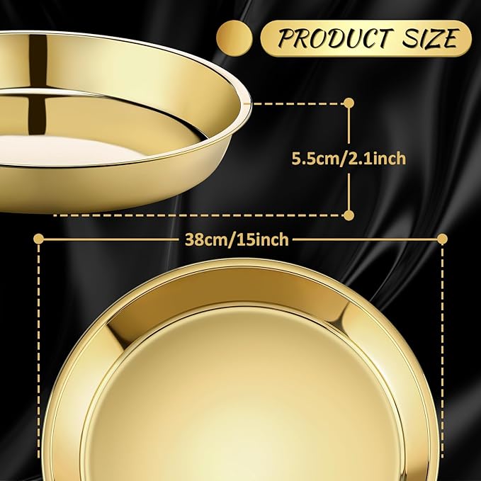 Thenshop 3 Pcs 15 Inch Gold Round Serving Tray Stainless Steel Circle Decorative Vanity Gold Plate Metal Jewelry Makeup Organizer Dishes for Gift Wedding Coffee Table Bathroom Dessert Christmas
