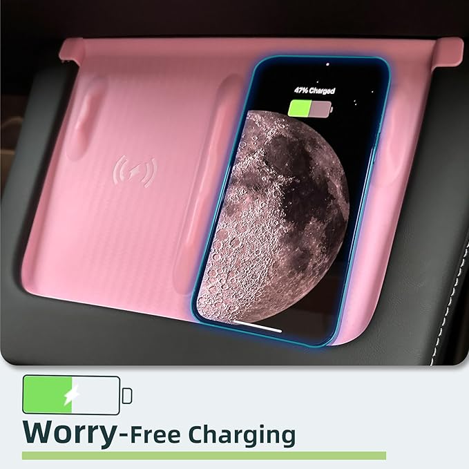 WinDu Center Console Wireless Charging Mat for Tesla Model 3 Model Y, Non-Slip Waterproof Silicone Mat Charging Protective Pad for Tesla Accessories Model 3 (2021-2023) and Model Y (2021-2024), Pink