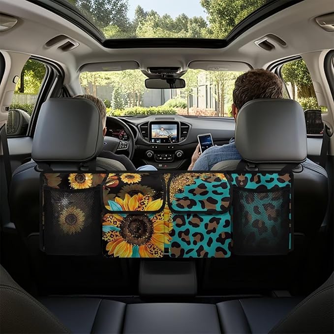 SEANATIVE Sunflowers Leopard Car Trunk Organizer, Hanging Trunk Organizer for SUV, Backseat Car Organizer with 4 Large Compartments, Car Accessories Interior, Space Saving Expert