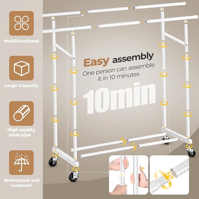 Abiglifty Double Rods Clothes Rack for Hanging Clothes, Clothing Rack with Wheels, Portable Closet Organizer for Laundry, Room (White)