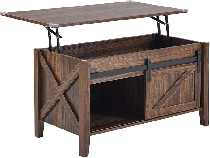 VINGLI Farmhouse Lift Top Coffee Table, Rustic Grey with Storage Shelf/Hidden Compartment, Mesa De Centro para Sala, Rustic Brown (Espresso, 36" L)