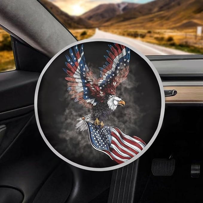 American Flag Steering Wheel Sun Shade Covers Eagle Sun Shade Cooling Cover for Car Steering Wheel 4th of July Decorative Accessories
