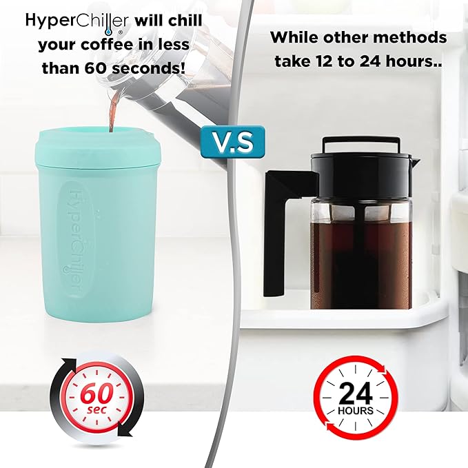 HyperChiller HC2AS Patented Iced Coffee/Beverage Cooler, NEW, IMPROVED,STRONGER AND MORE DURABLE! Ready in One Minute, Reusable for Iced Tea, Wine, Spirits, Alcohol, Juice, 12.5 Oz, Aqua Sky