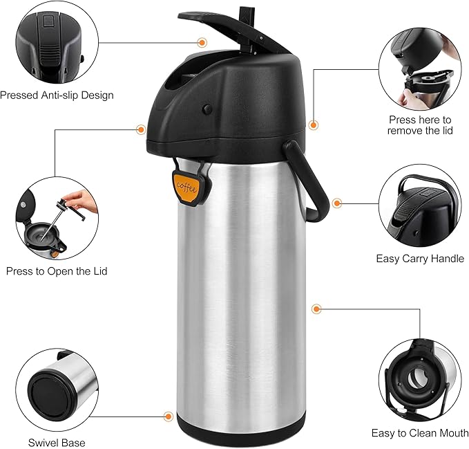 Airpot Coffee Dispenser Thermal with Pump,3L/102 Oz Insulated Stainless Steel Large Airpot Coffee Carafe Lever Action for Hot/Cold Water,Thermal Carafe for Hot Cocoa for Parties