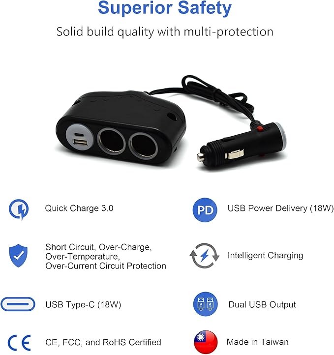 Cliff Top Dual Cigarette Lighter Adapter for Car – 12V Car Charger Splitter with PD USB-C, QC3.0 Fast Charging, Double Cigarette Lighter Sockets, 12V Car Outlet Splitter with Power Switch (45CM Cable)