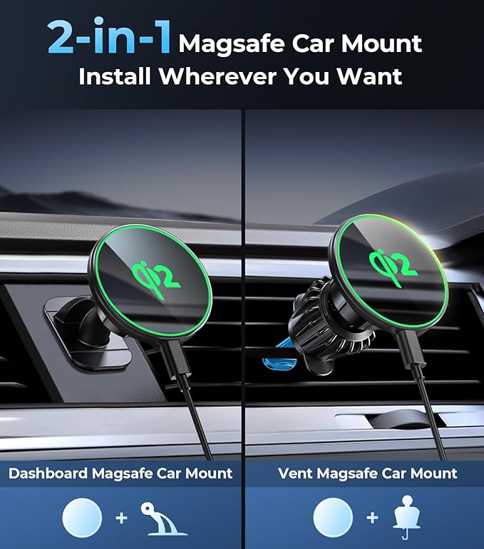 Car Mount for Qi2 MagSafe Wireless Charger, 2-in-1 Dashboard and Air Vent Mount, Strong Adhesive, Heat Resistant, 360° Rotation, Magnetic Phone Holder for Your Car Accessories for iPhone 16 Pro Max