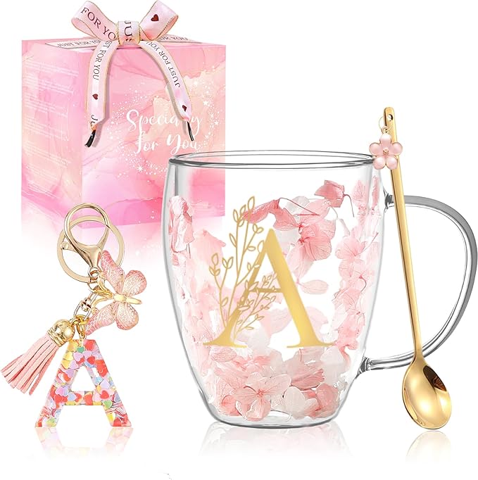 Personalized Gift for Women Cute Monogrammed Double Wall Glass Coffee Mug Tea Cup with Spoon Customized Birthday Valentine Mother's Day Christmas Gift for Mom Wife Friends Sister Coworker(Letter A)