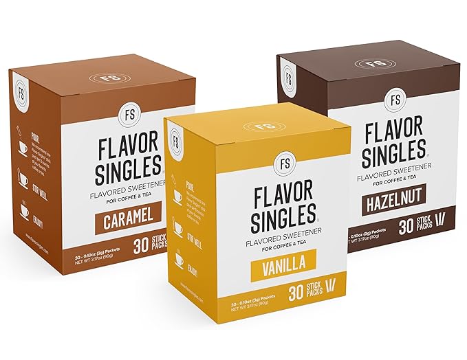 Flavor Singles Variety (Vanilla, Hazelnut & Caramel) Powdered Coffee & Tea Sweetener Packets, Travel Ready Single-Serve Syrup Alternative, 30 Count (Pack of 3)