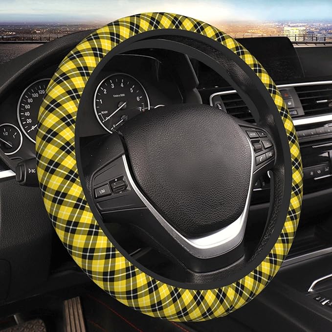 Thickened Elastic Steering Wheel Cover, Barclay Clan Tartan Yellow and Black Plaid Ultra, Soft, Breathable, Fit for Cars, SUVs, Trucks, Stylish Comfortable Grip