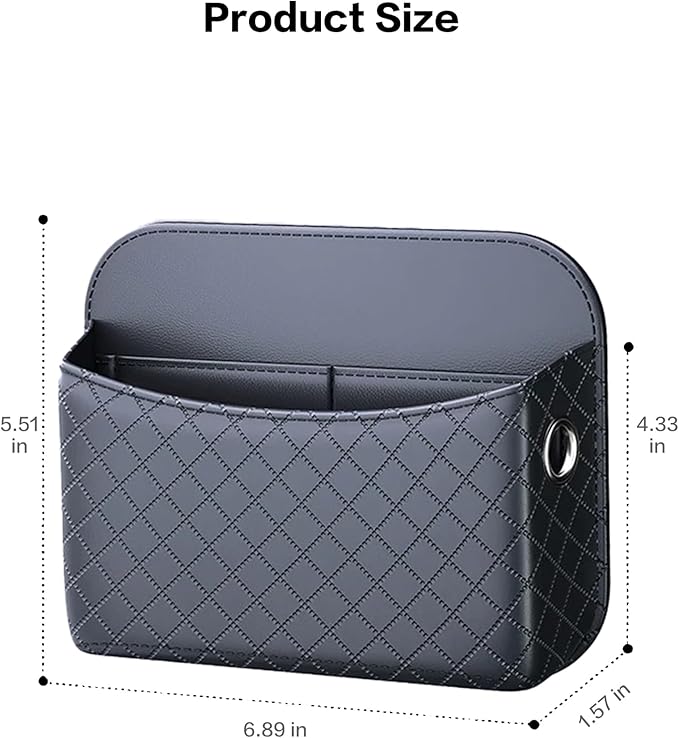 Self-Adhesive Car Seat Side Pocket Organizer with Cable Port - Black PU Leather Storage Pouch for Phone & Keys, Fits Gaps, Console & Door （Glossy Black）