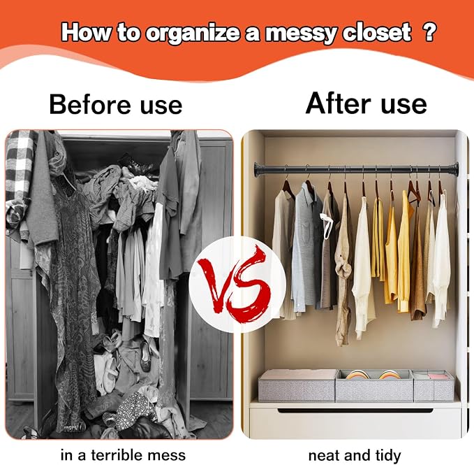 Closet Rod for Hanging Clothes, with No Drilling Holder 30 to 88 Inches Adjustable Matte Black Closet Rods, Space Saving Tension Spring Pole Heavy Duty Bar for Wardrobes, Shoe Cabinets